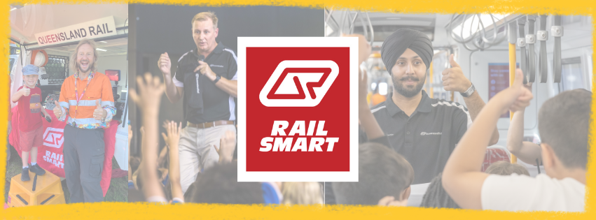 A decorative banner of the Queensland Rail Community Education team behind the Railsmart logo