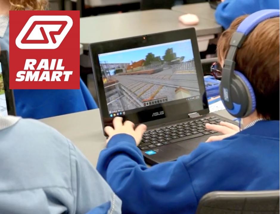 School students playing the new Track Stars! Minecraft Education game