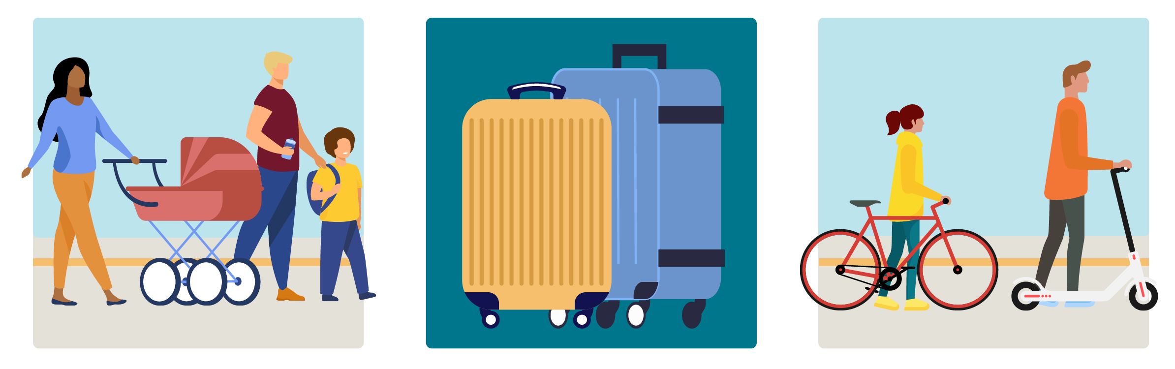 Travelling with a pram; travelling with luggage; travelling with a bike or scooter​. 